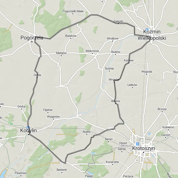 Map miniature of "Kobylin Countryside Route" cycling inspiration in Wielkopolskie, Poland. Generated by Tarmacs.app cycling route planner