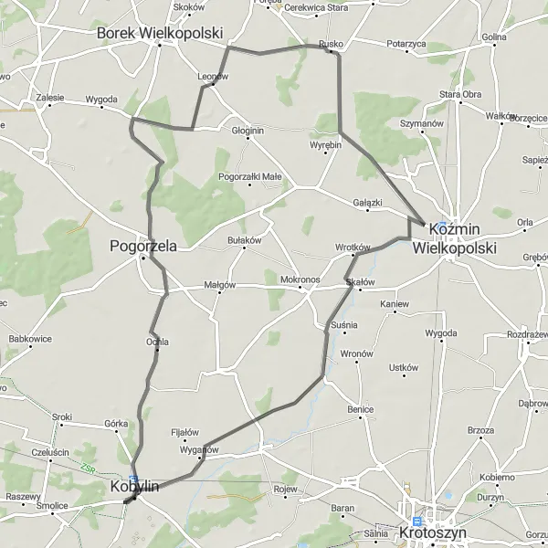 Map miniature of "Siedmiorogów Drugi and Rusko Scenic Ride" cycling inspiration in Wielkopolskie, Poland. Generated by Tarmacs.app cycling route planner