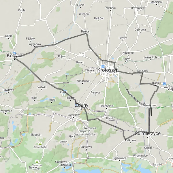 Map miniature of "Benice and Wydmy Loop" cycling inspiration in Wielkopolskie, Poland. Generated by Tarmacs.app cycling route planner