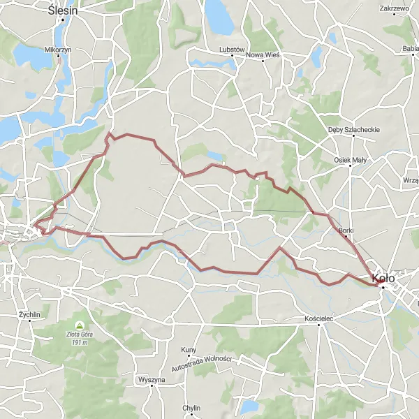 Map miniature of "Scenic Hills" cycling inspiration in Wielkopolskie, Poland. Generated by Tarmacs.app cycling route planner