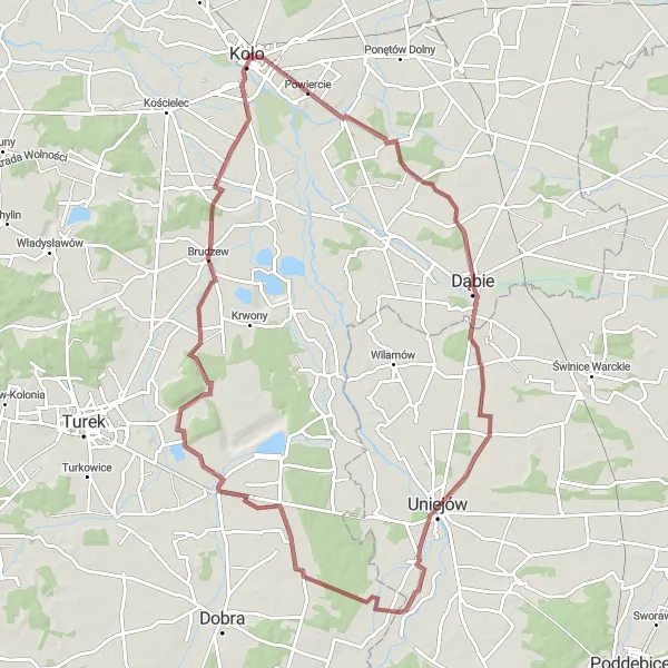 Map miniature of "The Gravel Trails of Koło" cycling inspiration in Wielkopolskie, Poland. Generated by Tarmacs.app cycling route planner