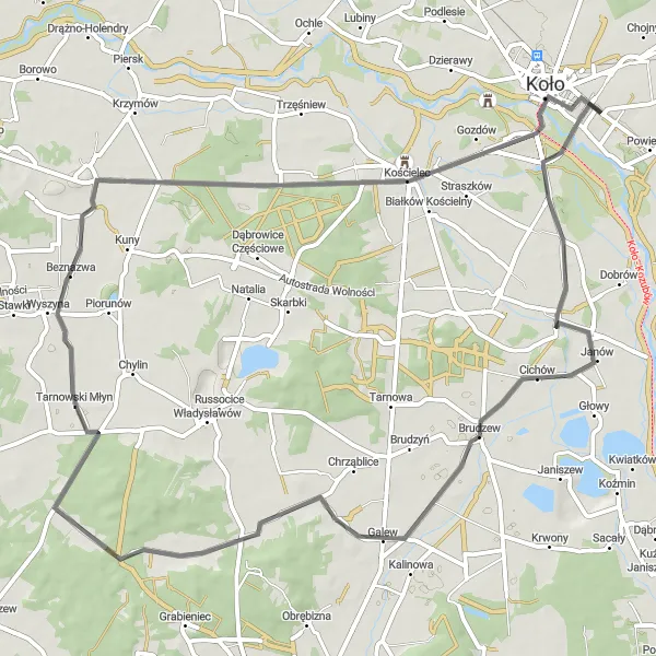 Map miniature of "The Police Mostowe Loop" cycling inspiration in Wielkopolskie, Poland. Generated by Tarmacs.app cycling route planner