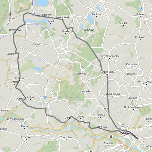 Map miniature of "Ochle Route" cycling inspiration in Wielkopolskie, Poland. Generated by Tarmacs.app cycling route planner