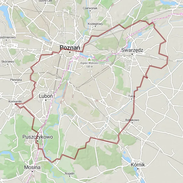 Map miniature of "The Great Gravel loop of Poznań" cycling inspiration in Wielkopolskie, Poland. Generated by Tarmacs.app cycling route planner