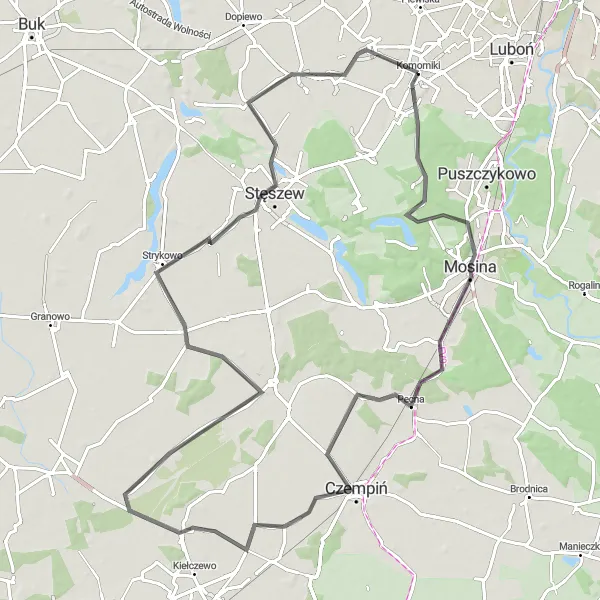 Map miniature of "Komorniki-Gorzyczki Loop" cycling inspiration in Wielkopolskie, Poland. Generated by Tarmacs.app cycling route planner