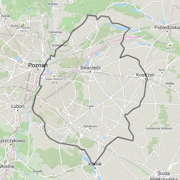 Map miniature of "Greater Kórnik Road Adventure" cycling inspiration in Wielkopolskie, Poland. Generated by Tarmacs.app cycling route planner