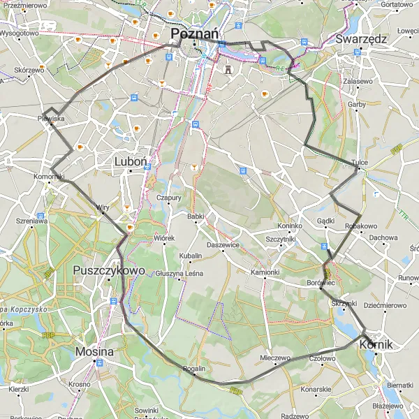 Map miniature of "Rogalin and Poznań Exploration" cycling inspiration in Wielkopolskie, Poland. Generated by Tarmacs.app cycling route planner