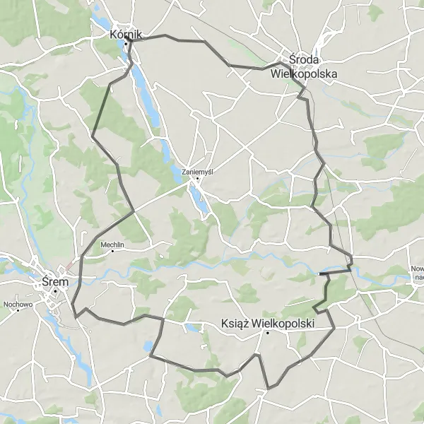 Map miniature of "Kórnik Loop - Discovering the Allure of Wielkopolskie" cycling inspiration in Wielkopolskie, Poland. Generated by Tarmacs.app cycling route planner