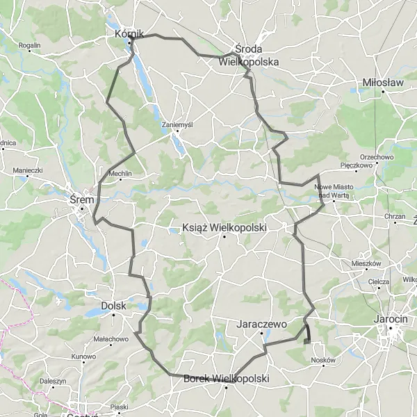 Map miniature of "Kórnik Round Trip - Exploration of Wielkopolskie" cycling inspiration in Wielkopolskie, Poland. Generated by Tarmacs.app cycling route planner