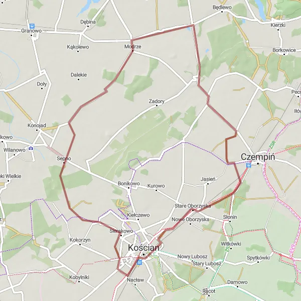 Miniatura mapy "Gravelowy szlak przez Kościan" - trasy rowerowej w Wielkopolskie, Poland. Wygenerowane przez planer tras rowerowych Tarmacs.app