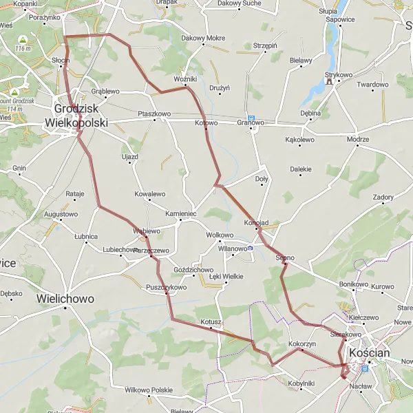 Miniatura mapy "Przejażdżka przez Kotusz i Snowidowo" - trasy rowerowej w Wielkopolskie, Poland. Wygenerowane przez planer tras rowerowych Tarmacs.app