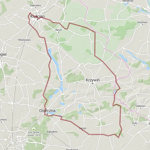 Miniatura mapy "Trasa Gravelowa do Osiecznej" - trasy rowerowej w Wielkopolskie, Poland. Wygenerowane przez planer tras rowerowych Tarmacs.app