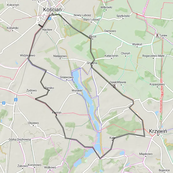 Miniatura mapy "Przez Nacław i Spławie" - trasy rowerowej w Wielkopolskie, Poland. Wygenerowane przez planer tras rowerowych Tarmacs.app