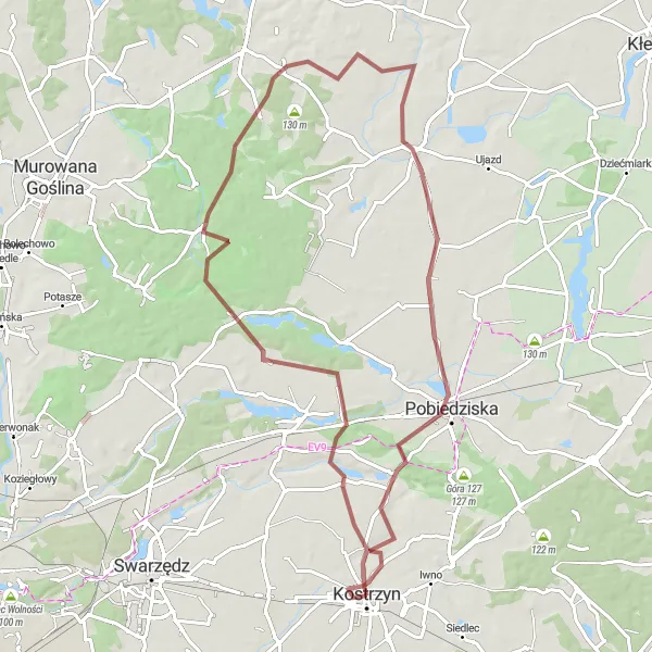 Map miniature of "Scenic Gravel Tour: Kostrzyn to Jagodno" cycling inspiration in Wielkopolskie, Poland. Generated by Tarmacs.app cycling route planner