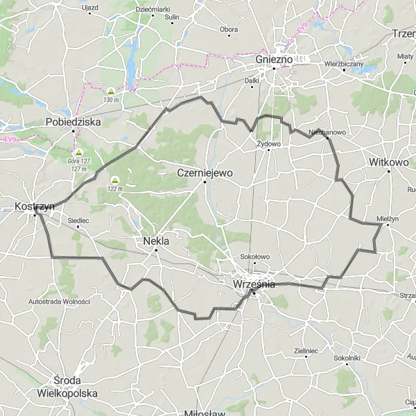 Map miniature of "Kostrzyn to Mielżyn Road Challenge" cycling inspiration in Wielkopolskie, Poland. Generated by Tarmacs.app cycling route planner