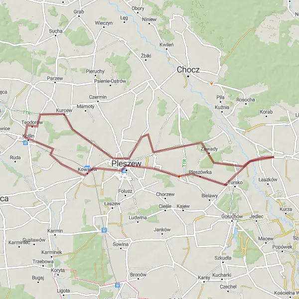 Map miniature of "The Hidden Trails of Kurcew" cycling inspiration in Wielkopolskie, Poland. Generated by Tarmacs.app cycling route planner