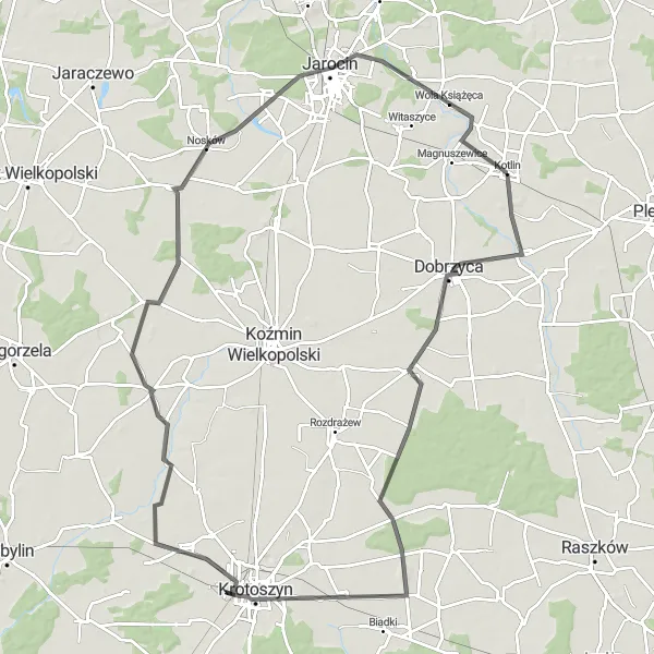 Miniatura mapy "Trasa Kotlin - Gorzupia - Mokronos - Rusko - Jarocin" - trasy rowerowej w Wielkopolskie, Poland. Wygenerowane przez planer tras rowerowych Tarmacs.app