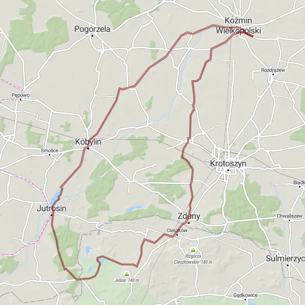 Map miniature of "Jelnia Gravel Adventure" cycling inspiration in Wielkopolskie, Poland. Generated by Tarmacs.app cycling route planner