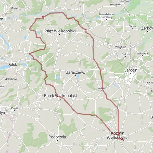 Map miniature of "Zimnowoda Gravel Adventure" cycling inspiration in Wielkopolskie, Poland. Generated by Tarmacs.app cycling route planner