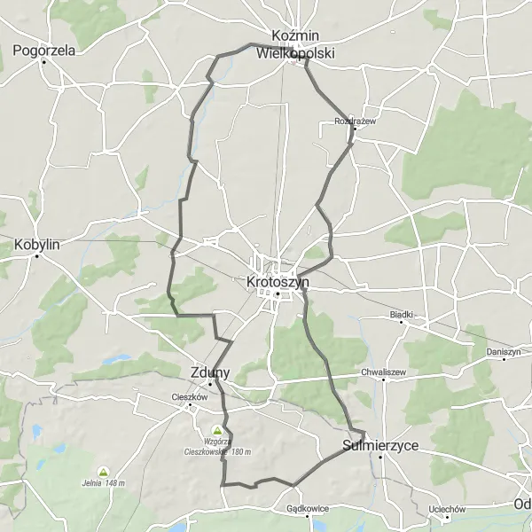 Map miniature of "Staniew and Wydmy Loop" cycling inspiration in Wielkopolskie, Poland. Generated by Tarmacs.app cycling route planner