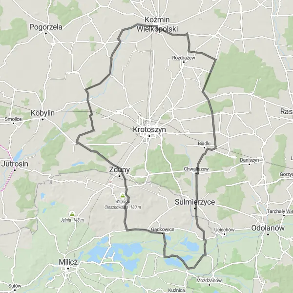 Map miniature of "Knapska Road Loop" cycling inspiration in Wielkopolskie, Poland. Generated by Tarmacs.app cycling route planner