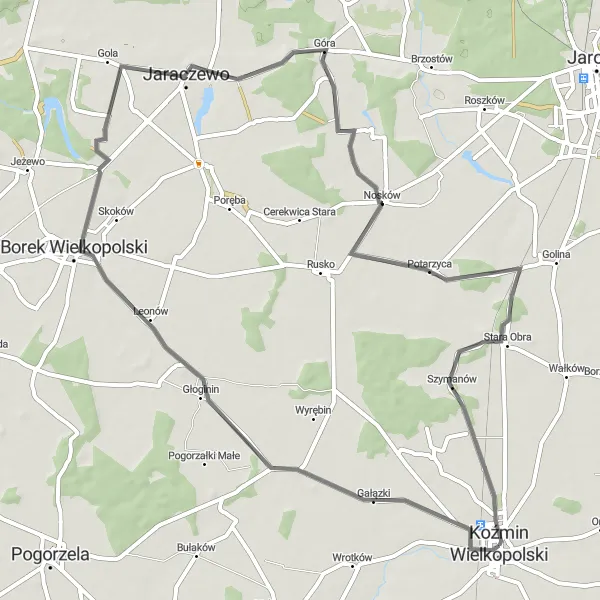 Map miniature of "Zimnowoda and Potarzyca Loop" cycling inspiration in Wielkopolskie, Poland. Generated by Tarmacs.app cycling route planner