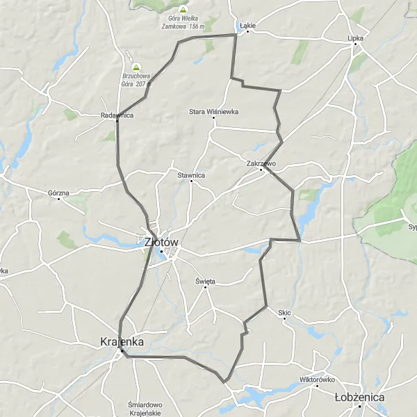 Map miniature of "Krajenka to Złotów Round-Trip" cycling inspiration in Wielkopolskie, Poland. Generated by Tarmacs.app cycling route planner