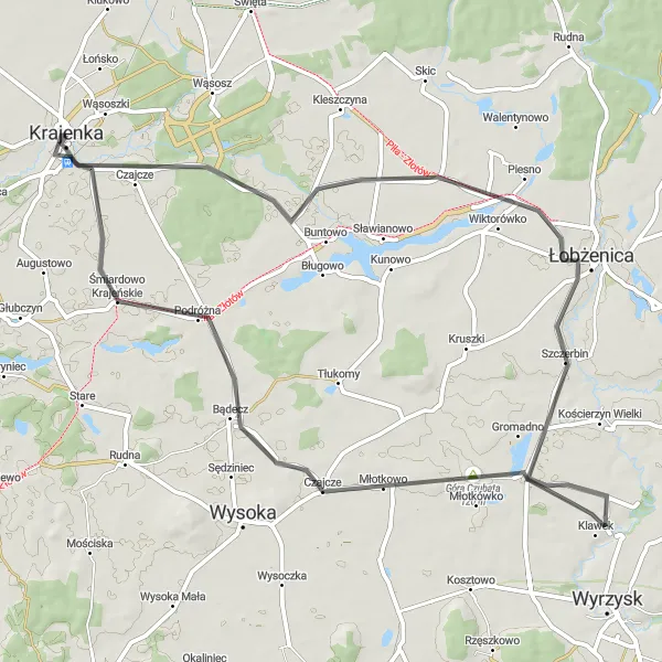 Map miniature of "Scenic Road Loop from Krajenka" cycling inspiration in Wielkopolskie, Poland. Generated by Tarmacs.app cycling route planner