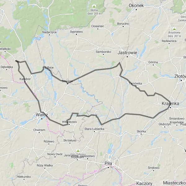 Map miniature of "Wałcz Explorer" cycling inspiration in Wielkopolskie, Poland. Generated by Tarmacs.app cycling route planner