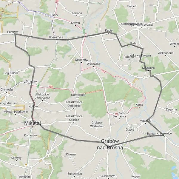 Map miniature of "Grabów nad Prosną and Ołobok Route" cycling inspiration in Wielkopolskie, Poland. Generated by Tarmacs.app cycling route planner