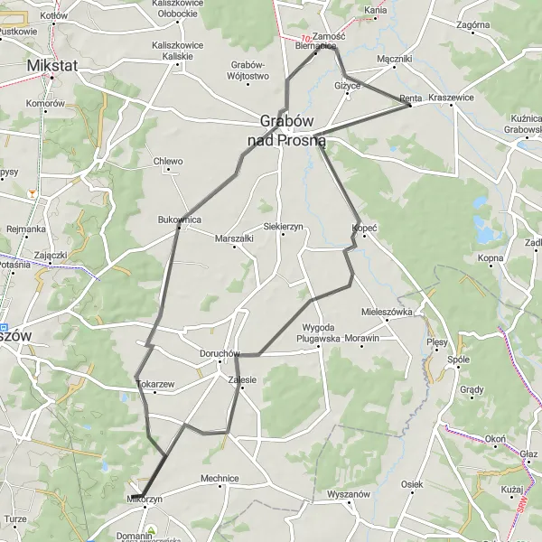 Map miniature of "Bobrowniki - Bukownica - Grabów nad Prosną - Giżyce Route" cycling inspiration in Wielkopolskie, Poland. Generated by Tarmacs.app cycling route planner