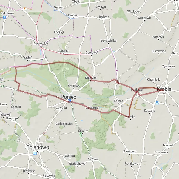Miniatura mapy "Trasa gravelowa do Dzięczyny i z powrotem" - trasy rowerowej w Wielkopolskie, Poland. Wygenerowane przez planer tras rowerowych Tarmacs.app