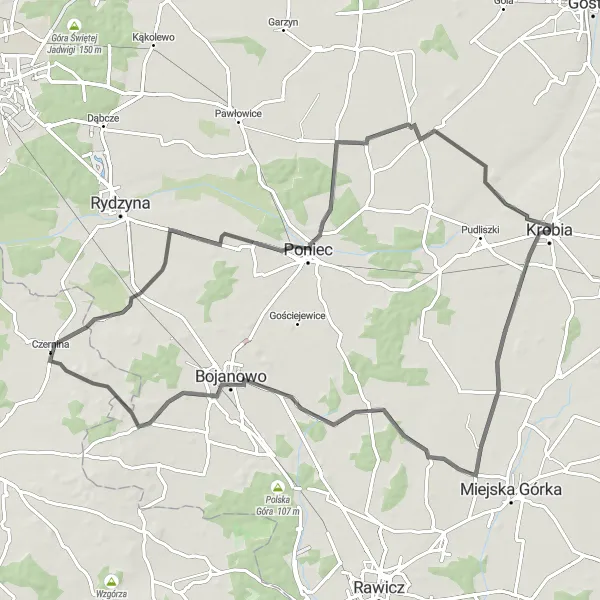 Map miniature of "Countryside Loop from Krobia" cycling inspiration in Wielkopolskie, Poland. Generated by Tarmacs.app cycling route planner