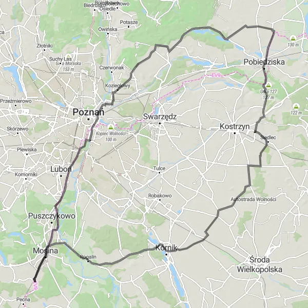 Map miniature of "Challenging Road Cycling Expedition near Krosno" cycling inspiration in Wielkopolskie, Poland. Generated by Tarmacs.app cycling route planner