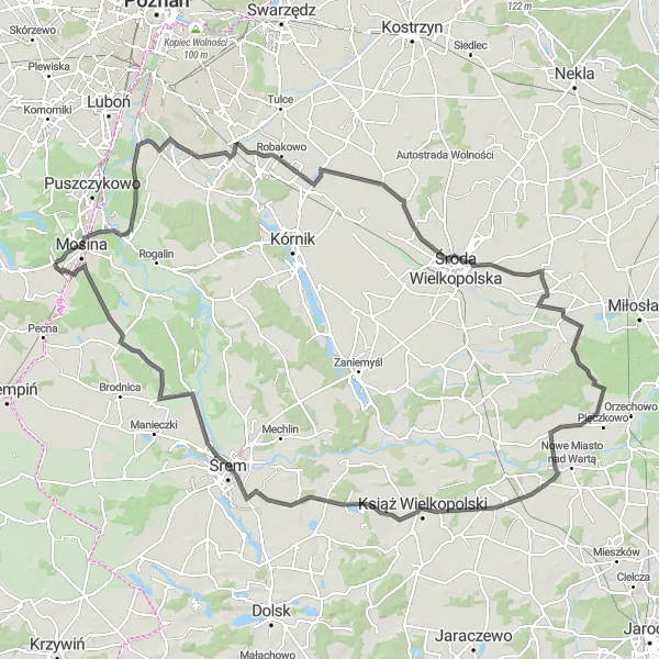 Map miniature of "Krosno Highlights" cycling inspiration in Wielkopolskie, Poland. Generated by Tarmacs.app cycling route planner