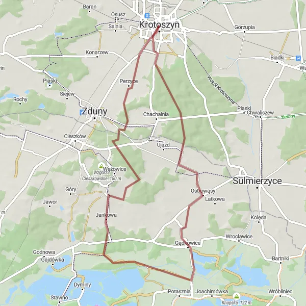 Map miniature of "Gądkowice Loop" cycling inspiration in Wielkopolskie, Poland. Generated by Tarmacs.app cycling route planner
