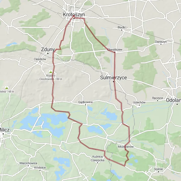 Miniatura mapy "Trasa gravelowa przez Sulmierzyce, Lelików i Wydmy" - trasy rowerowej w Wielkopolskie, Poland. Wygenerowane przez planer tras rowerowych Tarmacs.app