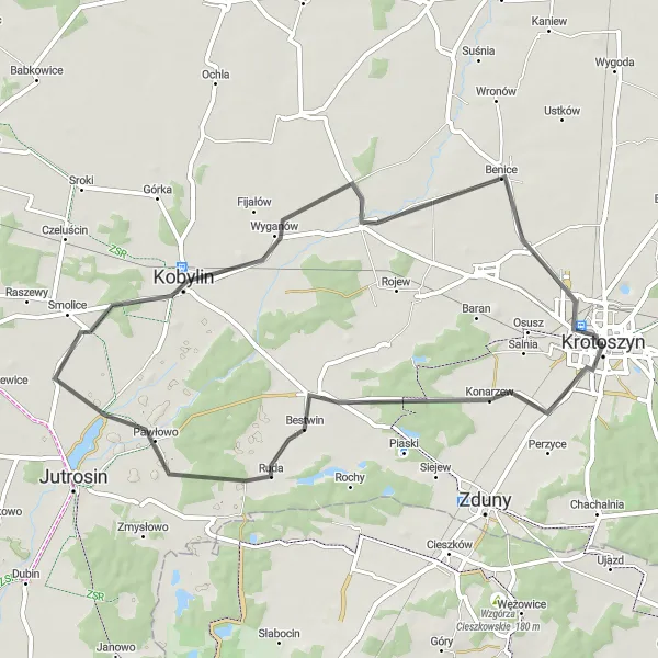Miniatura mapy "Szlak Szosowy przez Kobylin" - trasy rowerowej w Wielkopolskie, Poland. Wygenerowane przez planer tras rowerowych Tarmacs.app