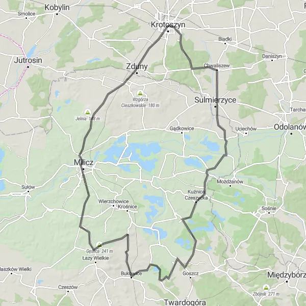 Map miniature of "Milicz Circuit" cycling inspiration in Wielkopolskie, Poland. Generated by Tarmacs.app cycling route planner