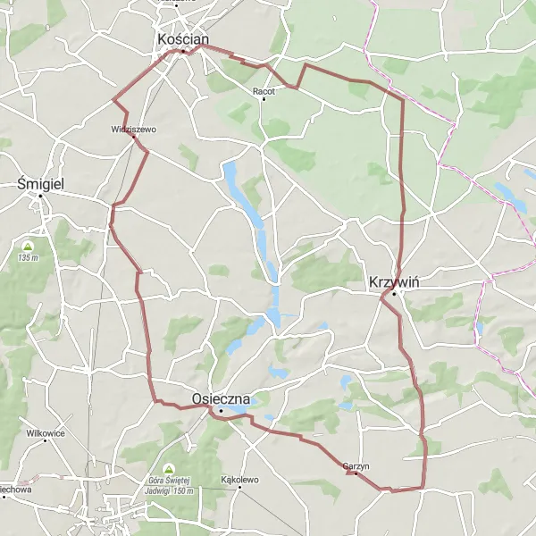 Miniatura mapy "Szlak przez Wyciążkowo, Krzywiń i Krzemieniewo" - trasy rowerowej w Wielkopolskie, Poland. Wygenerowane przez planer tras rowerowych Tarmacs.app