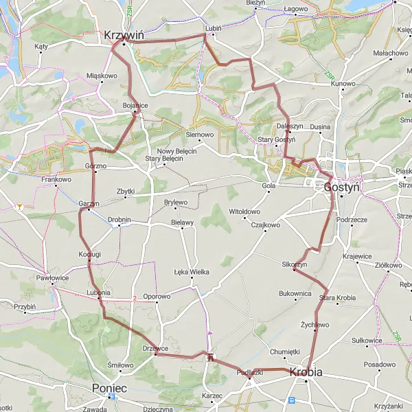 Miniatura mapy "Trasa rowerowa Pudliszki - Garzyn - Krzywiń" - trasy rowerowej w Wielkopolskie, Poland. Wygenerowane przez planer tras rowerowych Tarmacs.app