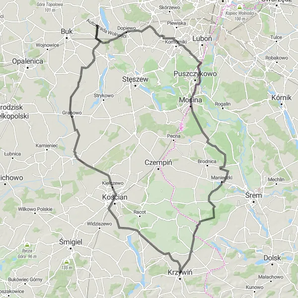 Miniatura mapy "Trasa dookoła Krzywinia" - trasy rowerowej w Wielkopolskie, Poland. Wygenerowane przez planer tras rowerowych Tarmacs.app