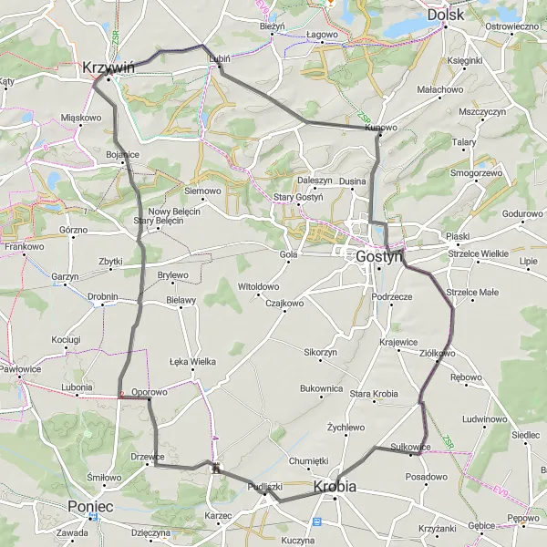 Miniatura mapy "Przejażdżka do Grabonoga" - trasy rowerowej w Wielkopolskie, Poland. Wygenerowane przez planer tras rowerowych Tarmacs.app