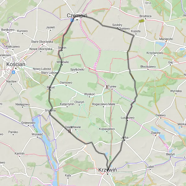 Miniatura mapy "Trasa Road przez Gryżynę, Czempiń, Rąbiń i Jerkę" - trasy rowerowej w Wielkopolskie, Poland. Wygenerowane przez planer tras rowerowych Tarmacs.app