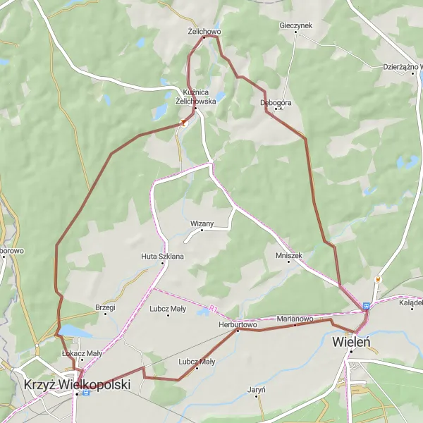 Map miniature of "Off-road adventure through picturesque surroundings" cycling inspiration in Wielkopolskie, Poland. Generated by Tarmacs.app cycling route planner