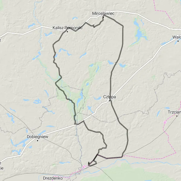 Map miniature of "Road Cycling around Krzyż Wielkopolski" cycling inspiration in Wielkopolskie, Poland. Generated by Tarmacs.app cycling route planner