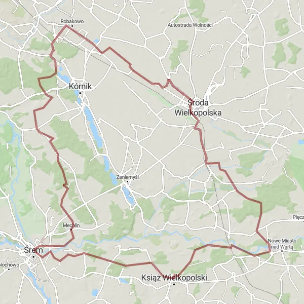 Map miniature of "Challenging Gravel Route via Robakowo and Środa Wielkopolska" cycling inspiration in Wielkopolskie, Poland. Generated by Tarmacs.app cycling route planner