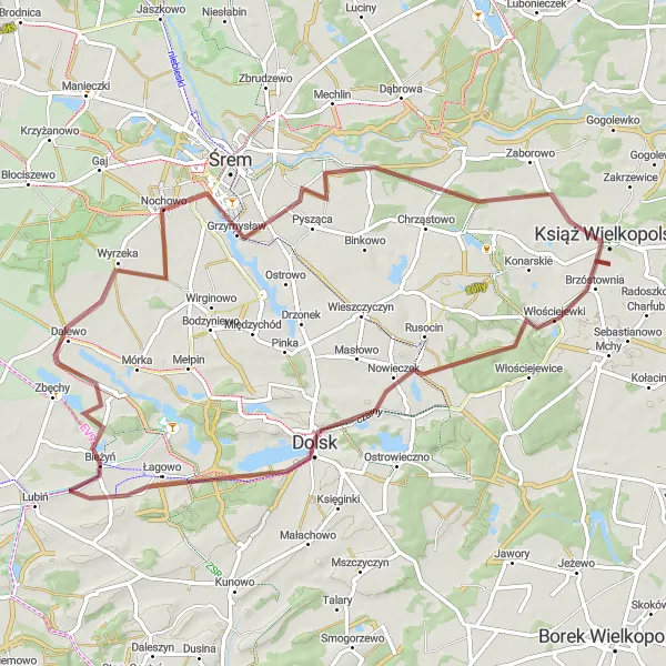 Map miniature of "Gravel Adventure through Nochowo and Książ Wielkopolski" cycling inspiration in Wielkopolskie, Poland. Generated by Tarmacs.app cycling route planner