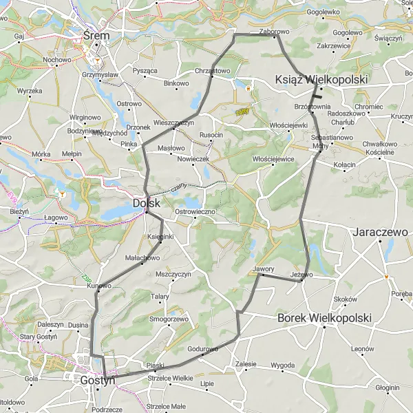Map miniature of "Journey through Dolsk" cycling inspiration in Wielkopolskie, Poland. Generated by Tarmacs.app cycling route planner