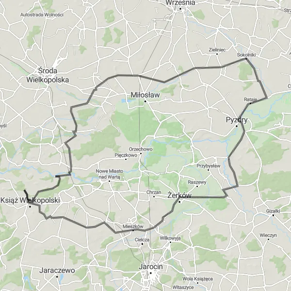 Map miniature of "The Grand Tour of Pyzdry" cycling inspiration in Wielkopolskie, Poland. Generated by Tarmacs.app cycling route planner